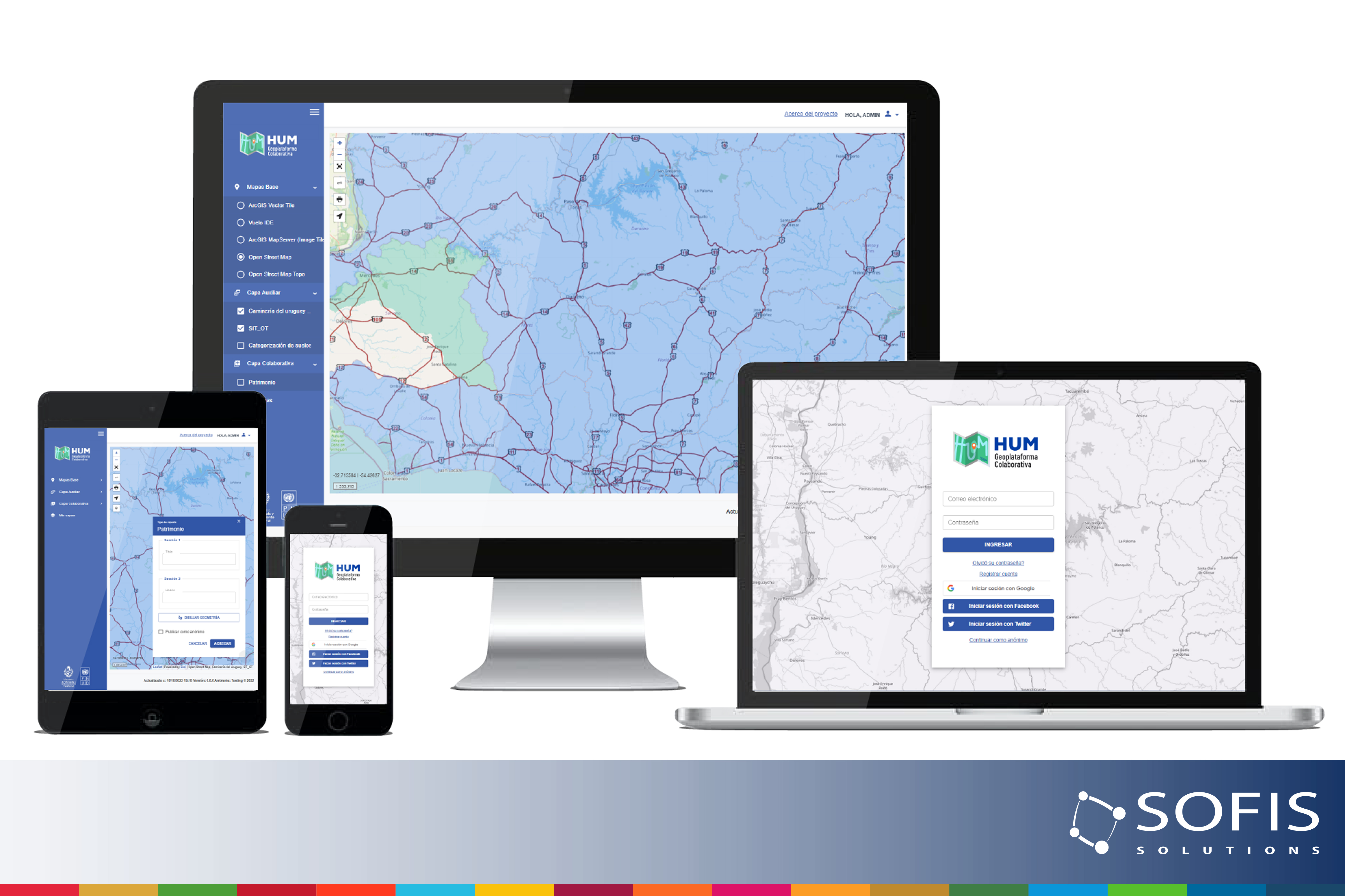 Screens of HUM Collaborative Geoplatform shown on different devices